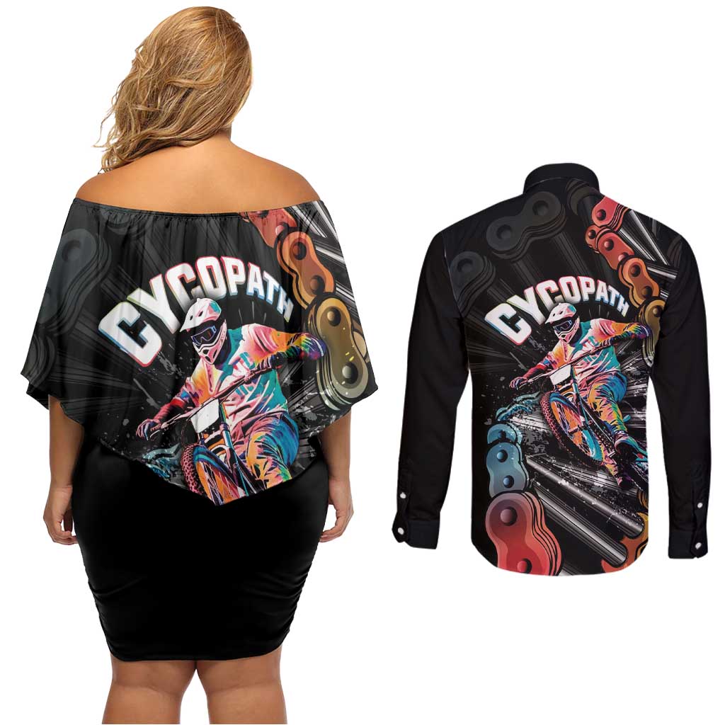 Cycopath Funny Cycling Couples Matching Off Shoulder Short Dress and Long Sleeve Button Shirt Cycling lovers - Wonder Print Shop