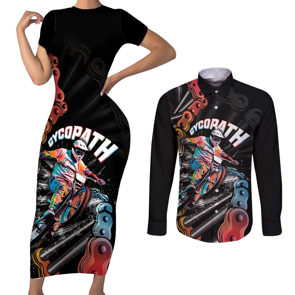 Cycopath Funny Cycling Couples Matching Short Sleeve Bodycon Dress and Long Sleeve Button Shirt Cycling lovers - Wonder Print Shop