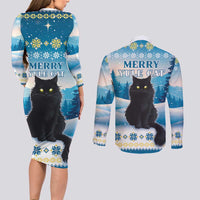 Merry Christmas Yule Cat Couples Matching Long Sleeve Bodycon Dress and Long Sleeve Button Shirt Icelandic Folklore Jolakotturinn LT05 - Wonder Print Shop