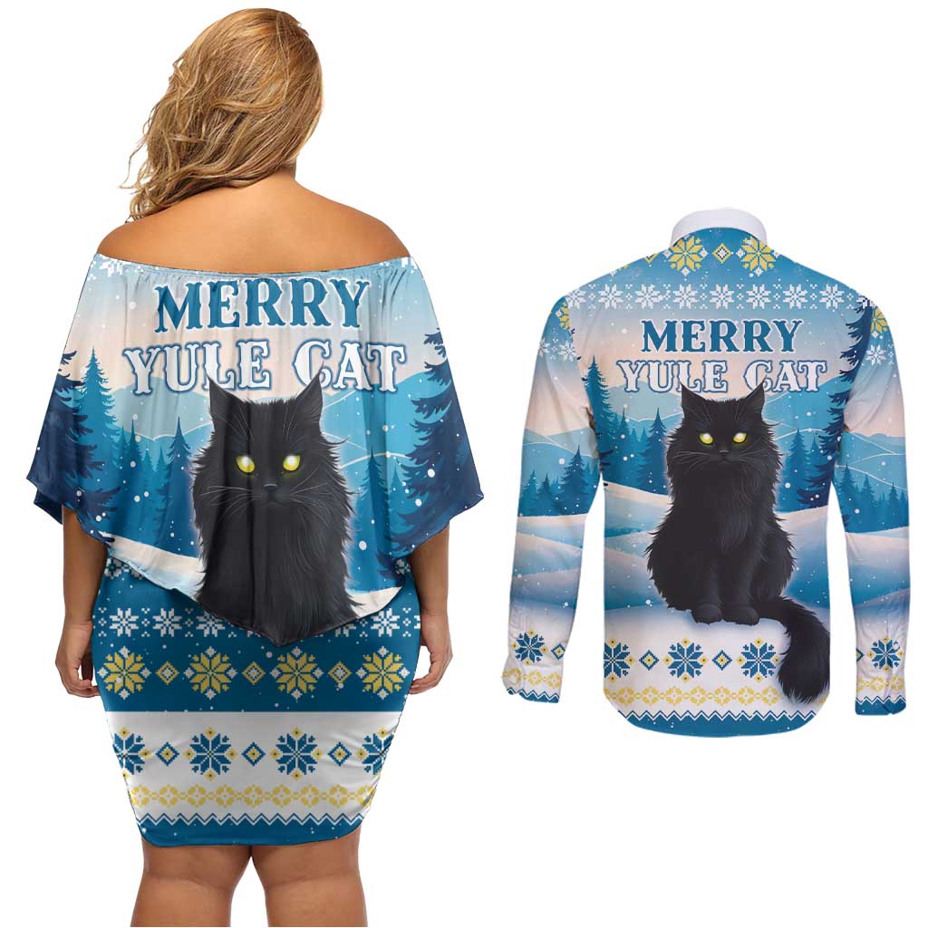 Merry Christmas Yule Cat Couples Matching Off Shoulder Short Dress and Long Sleeve Button Shirt Icelandic Folklore Jolakotturinn LT05 - Wonder Print Shop