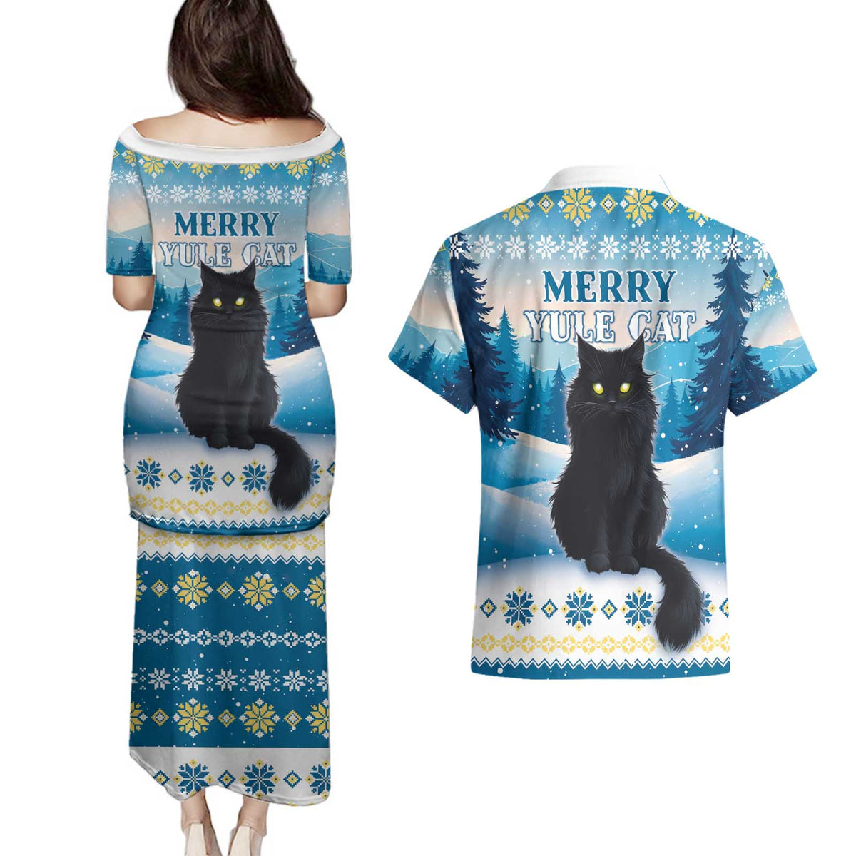 Merry Christmas Yule Cat Couples Matching Puletasi and Hawaiian Shirt Icelandic Folklore Jolakotturinn LT05 - Wonder Print Shop