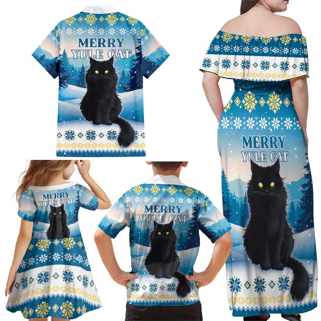 Merry Christmas Yule Cat Family Matching Off Shoulder Maxi Dress and Hawaiian Shirt Icelandic Folklore Jolakotturinn LT05 - Wonder Print Shop