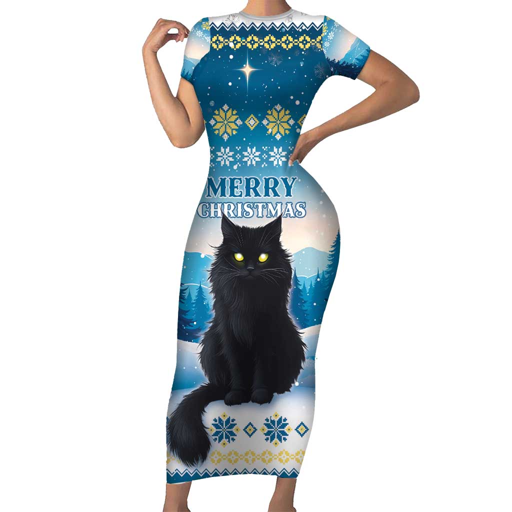 Merry Christmas Yule Cat Short Sleeve Bodycon Dress Icelandic Folklore Jolakotturinn LT05 - Wonder Print Shop