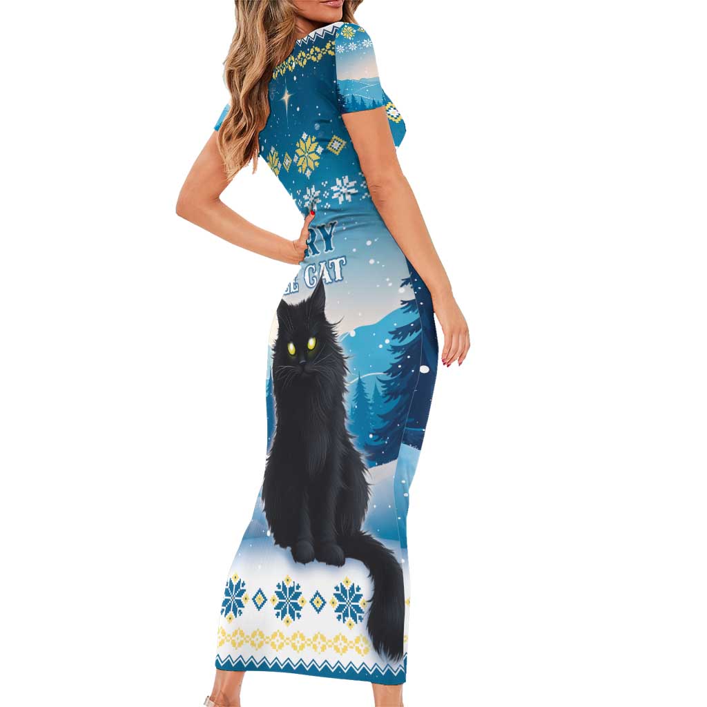 Merry Christmas Yule Cat Short Sleeve Bodycon Dress Icelandic Folklore Jolakotturinn LT05 - Wonder Print Shop
