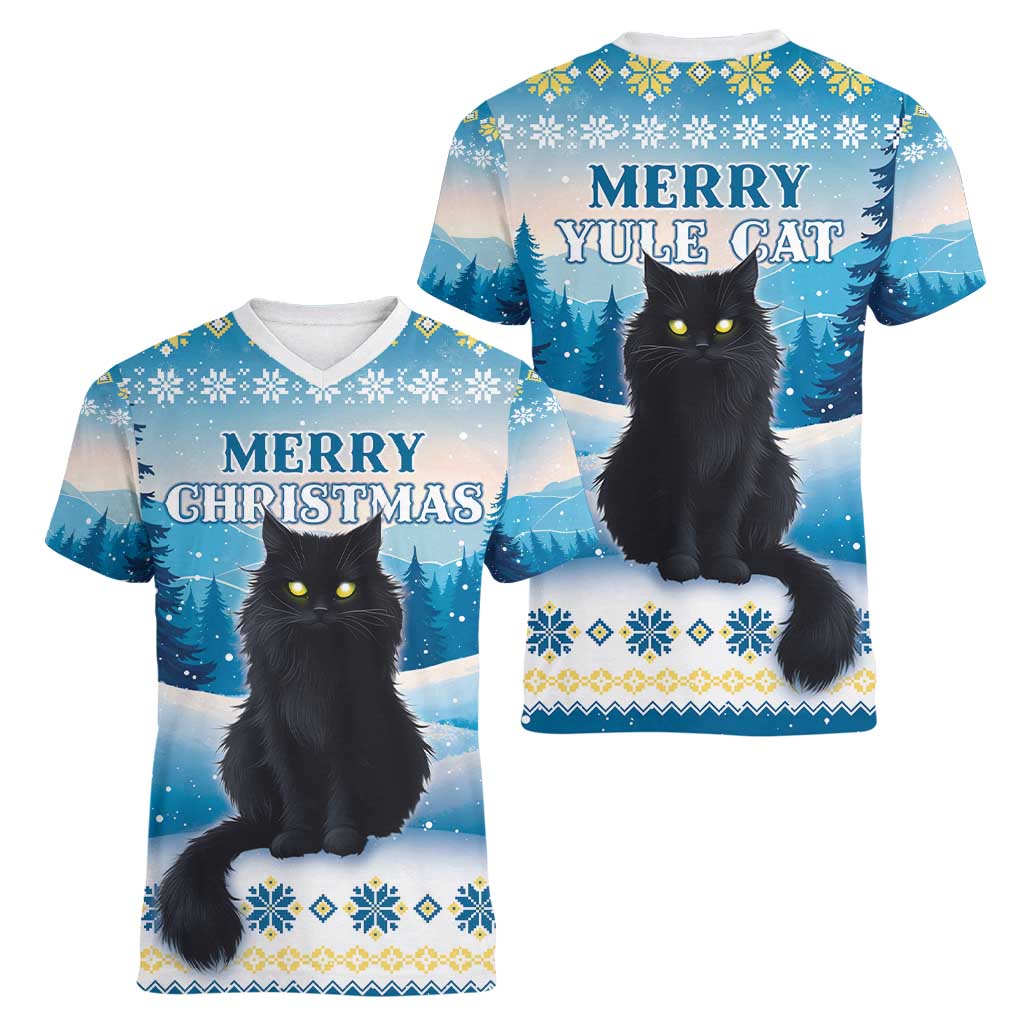 Merry Christmas Yule Cat Women V-Neck T-Shirt Icelandic Folklore Jolakotturinn LT05 - Wonder Print Shop