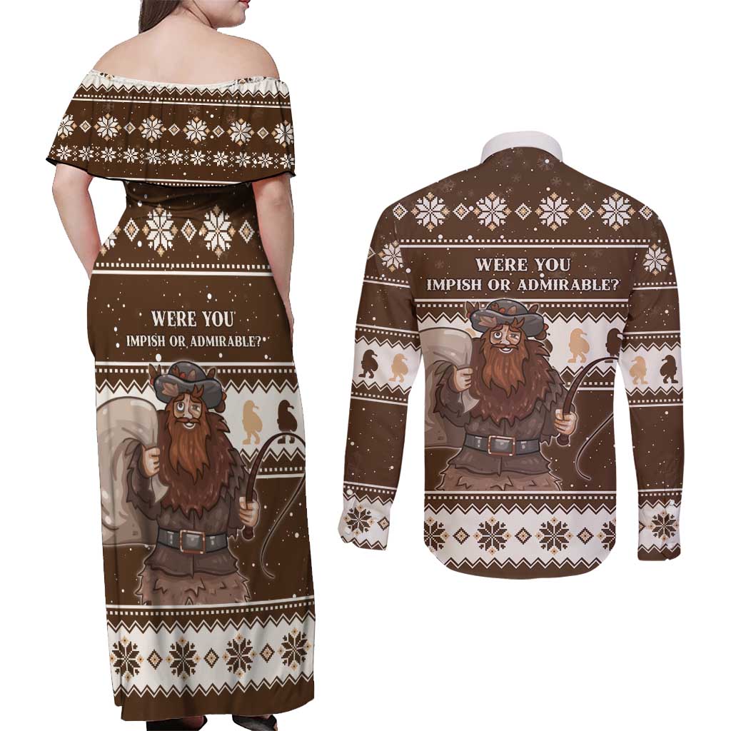 Funny Christmas Belsnickel Couples Matching Off Shoulder Maxi Dress and Long Sleeve Button Shirt Impish Or Admirable LT05 - Wonder Print Shop