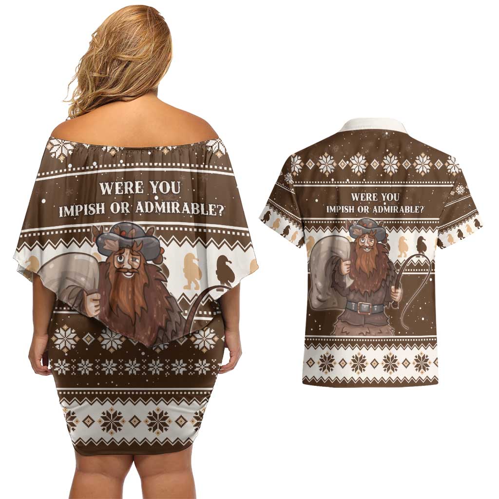 Funny Christmas Belsnickel Couples Matching Off Shoulder Short Dress and Hawaiian Shirt Impish Or Admirable LT05 - Wonder Print Shop