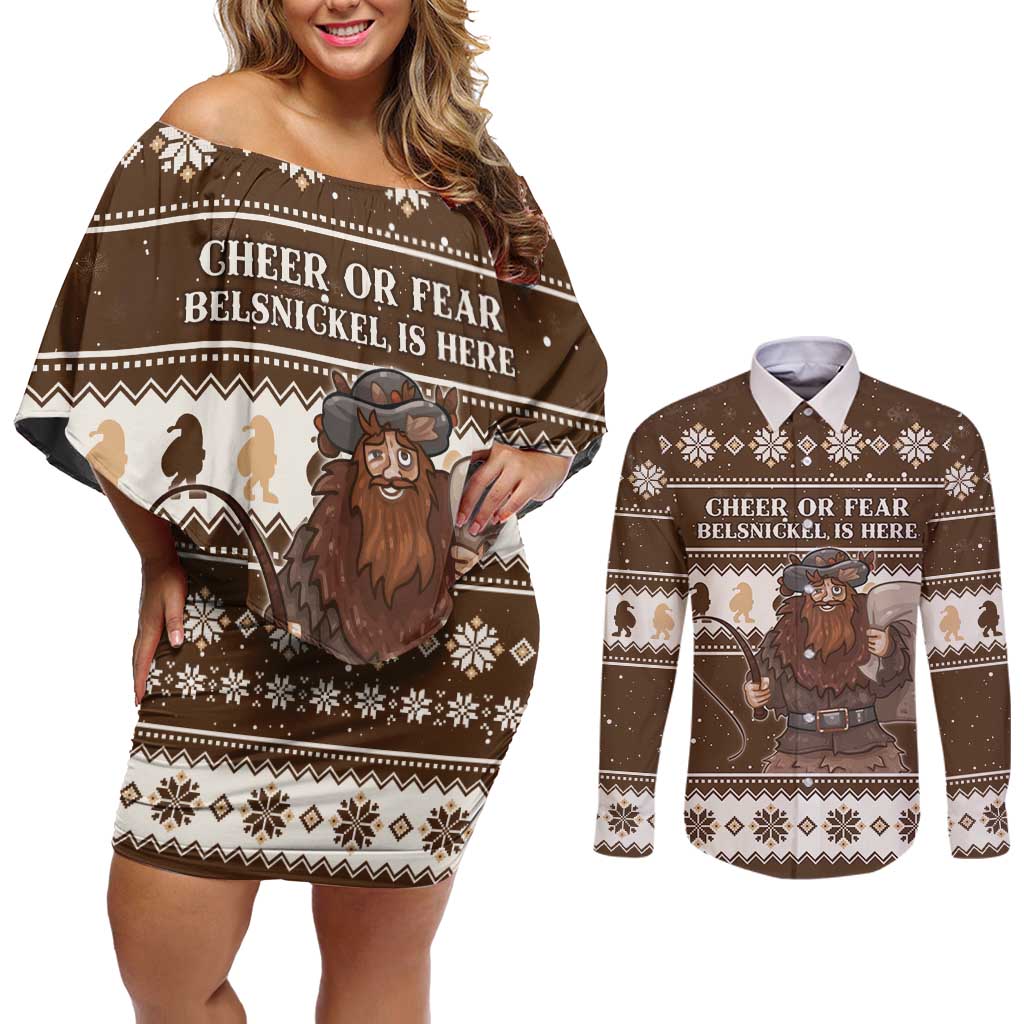 Funny Christmas Belsnickel Couples Matching Off Shoulder Short Dress and Long Sleeve Button Shirt Impish Or Admirable LT05 - Wonder Print Shop