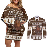 Funny Christmas Belsnickel Couples Matching Off Shoulder Short Dress and Long Sleeve Button Shirt Impish Or Admirable LT05 - Wonder Print Shop