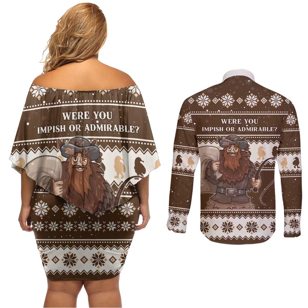 Funny Christmas Belsnickel Couples Matching Off Shoulder Short Dress and Long Sleeve Button Shirt Impish Or Admirable LT05 - Wonder Print Shop