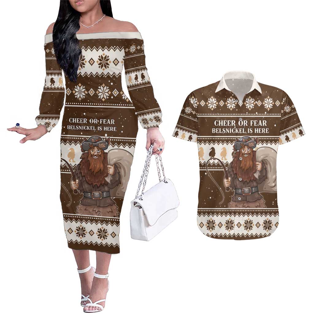 Funny Christmas Belsnickel Couples Matching Off The Shoulder Long Sleeve Dress and Hawaiian Shirt Impish Or Admirable LT05 - Wonder Print Shop