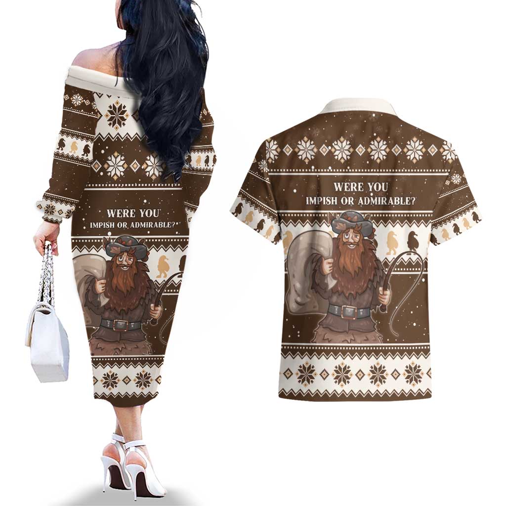 Funny Christmas Belsnickel Couples Matching Off The Shoulder Long Sleeve Dress and Hawaiian Shirt Impish Or Admirable LT05 - Wonder Print Shop