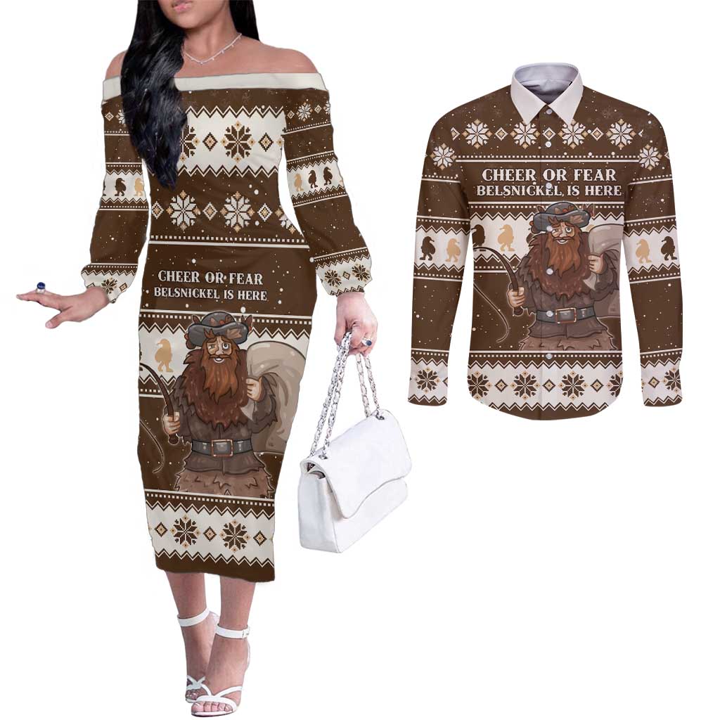 Funny Christmas Belsnickel Couples Matching Off The Shoulder Long Sleeve Dress and Long Sleeve Button Shirt Impish Or Admirable
