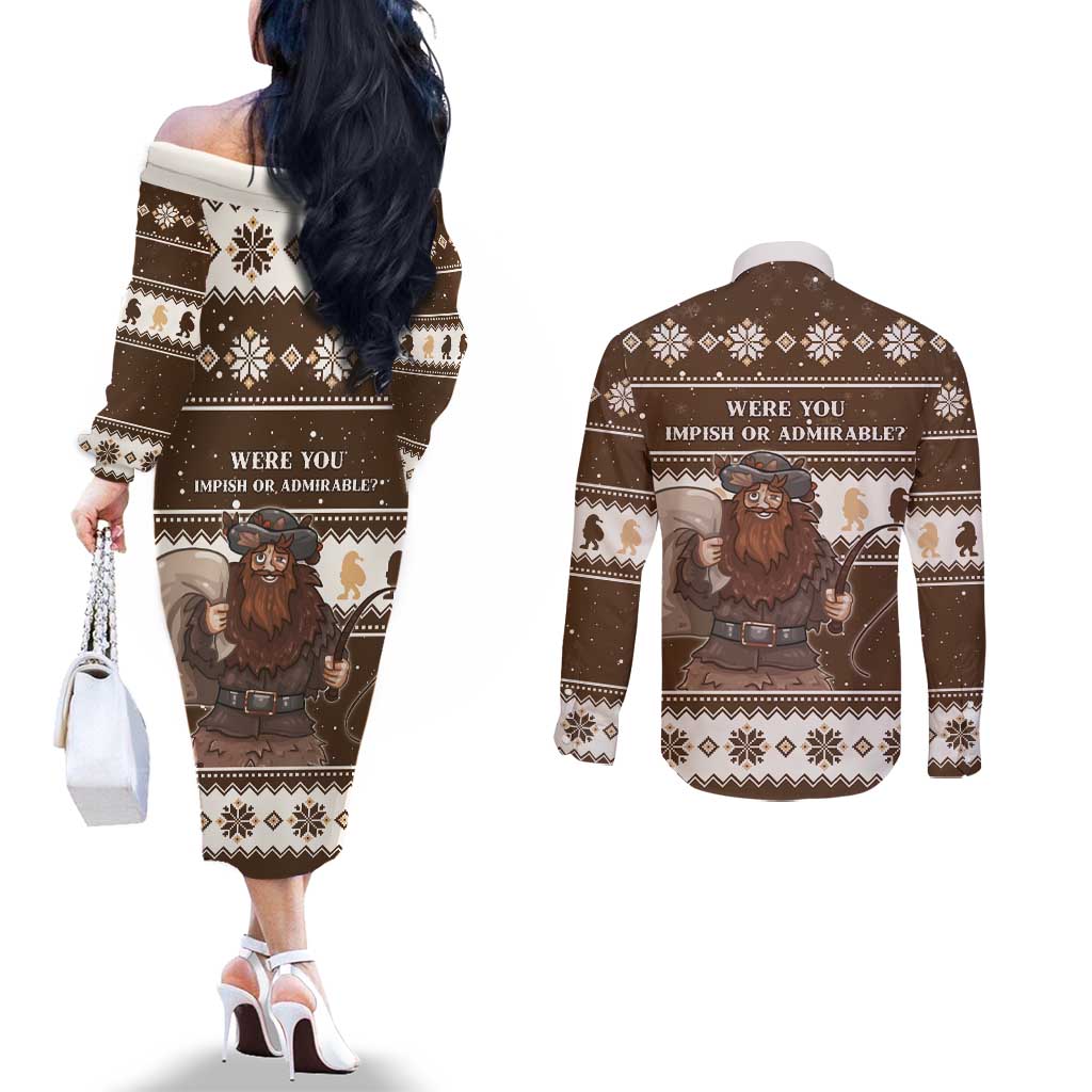 Funny Christmas Belsnickel Couples Matching Off The Shoulder Long Sleeve Dress and Long Sleeve Button Shirt Impish Or Admirable