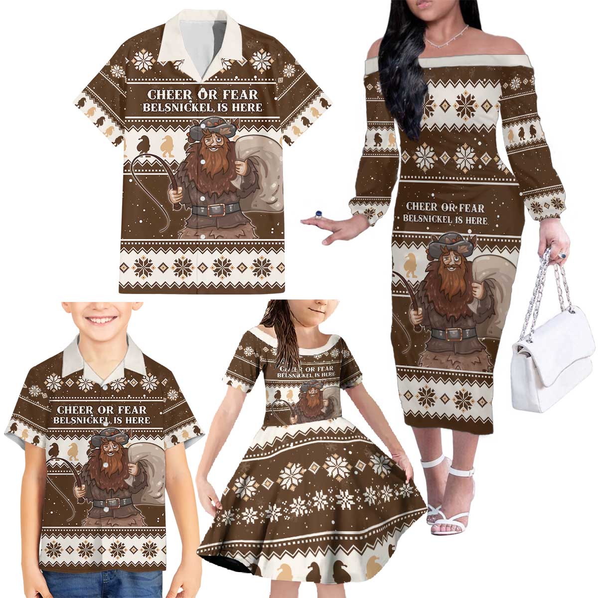 Funny Christmas Belsnickel Family Matching Off The Shoulder Long Sleeve Dress and Hawaiian Shirt Impish Or Admirable LT05 - Wonder Print Shop