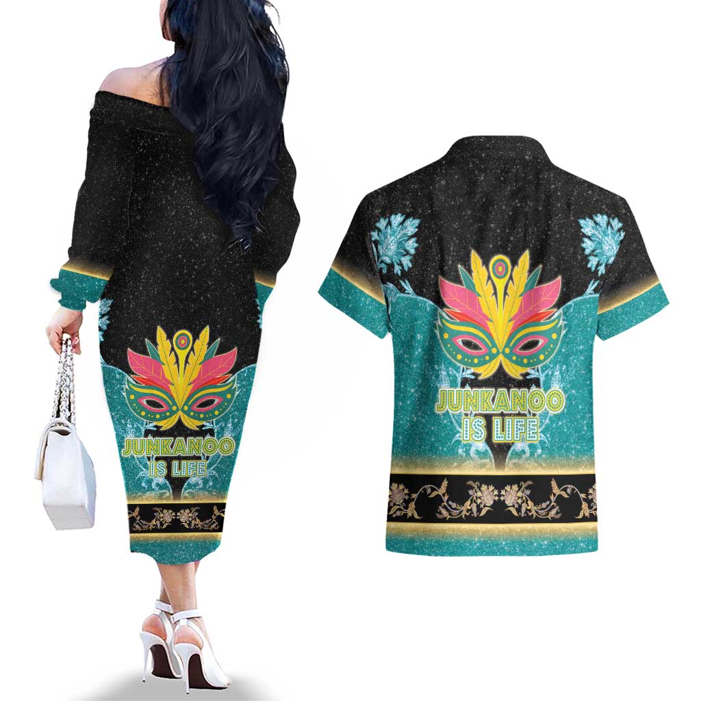 Bahamas Junkanoo Couples Matching Off The Shoulder Long Sleeve Dress and Hawaiian Shirt Junkanoo Is Life LT05 - Wonder Print Shop