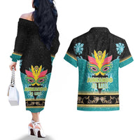 Bahamas Junkanoo Couples Matching Off The Shoulder Long Sleeve Dress and Hawaiian Shirt Junkanoo Is Life LT05 - Wonder Print Shop