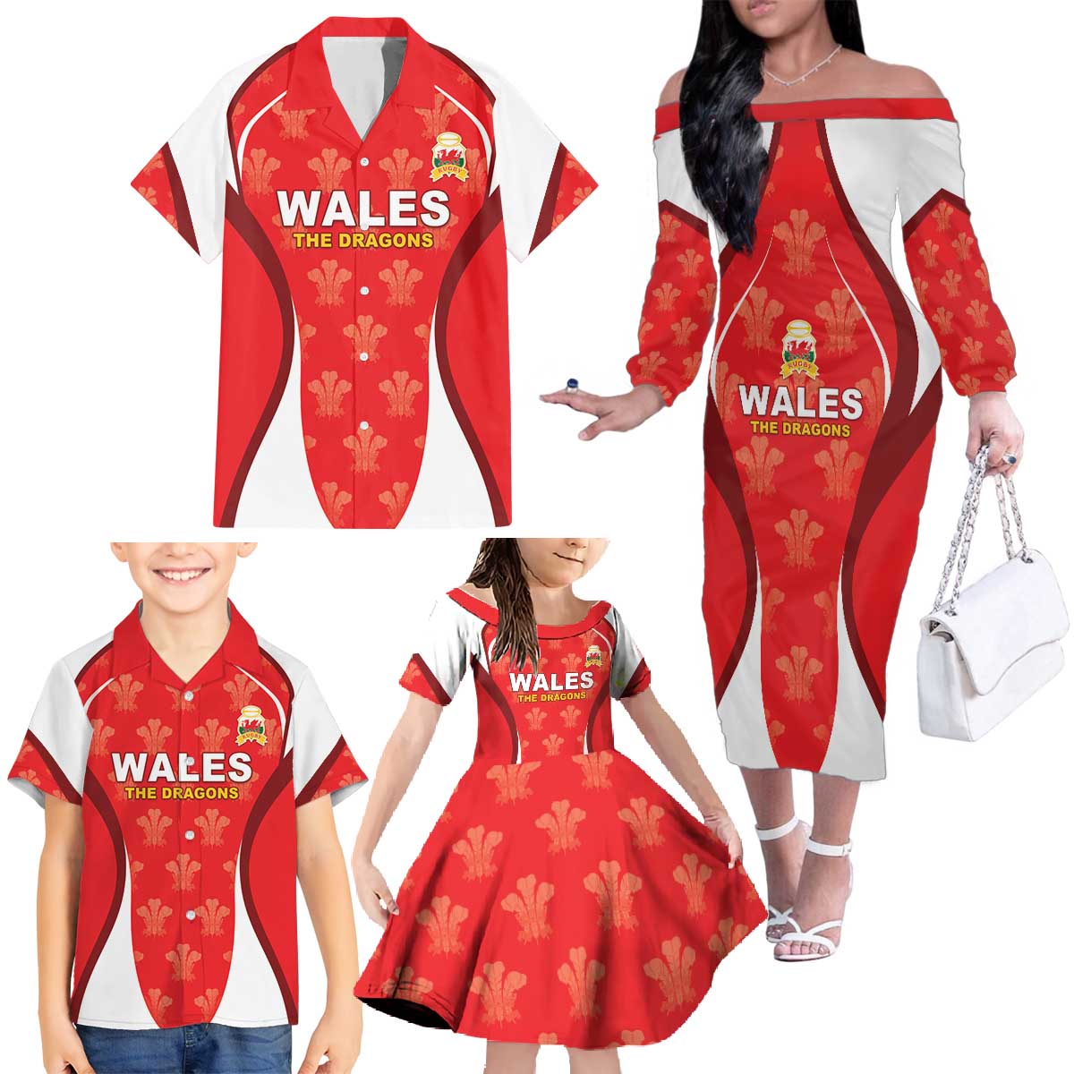 Custom Wales Rugby 2026 Family Matching Off The Shoulder Long Sleeve Dress and Hawaiian Shirt Unique Style - Wonder Print Shop