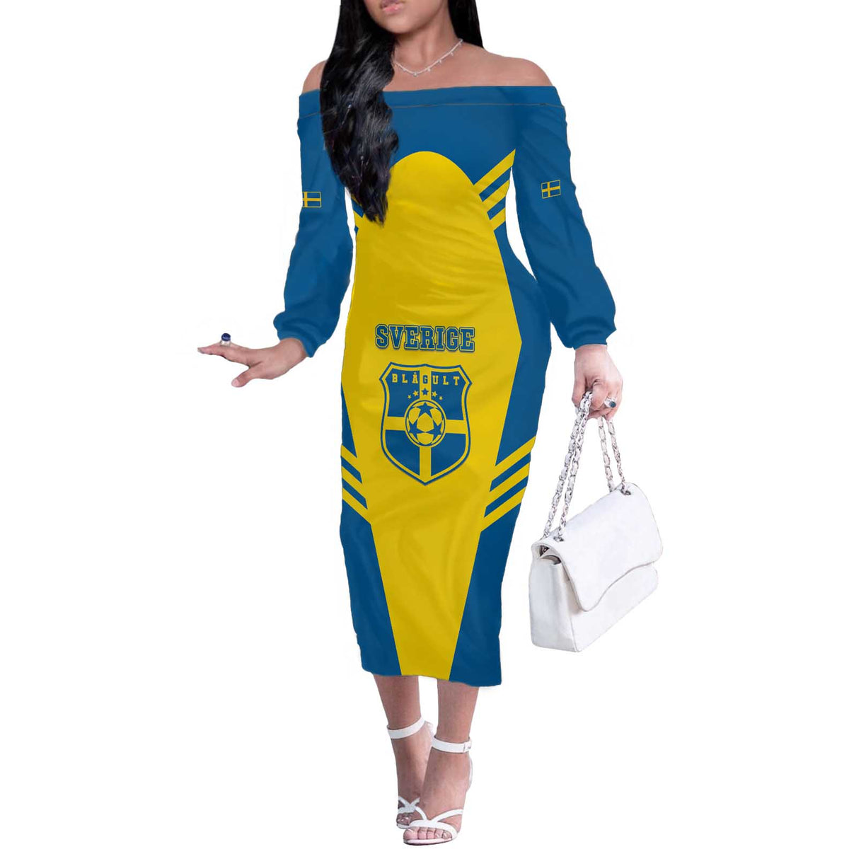 Custom Football 2026 Sweden Off The Shoulder Long Sleeve Dress Sverige Blagult Sporty Style