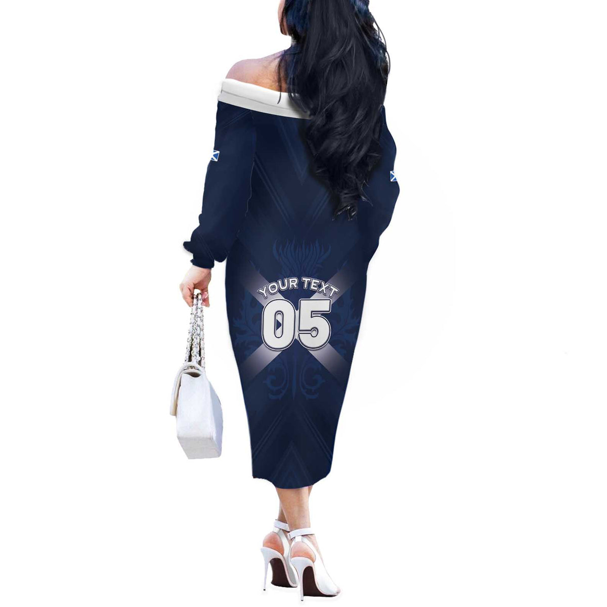 Custom Scotland Rugby 2026 Off The Shoulder Long Sleeve Dress Scottish Thistle Flag Style