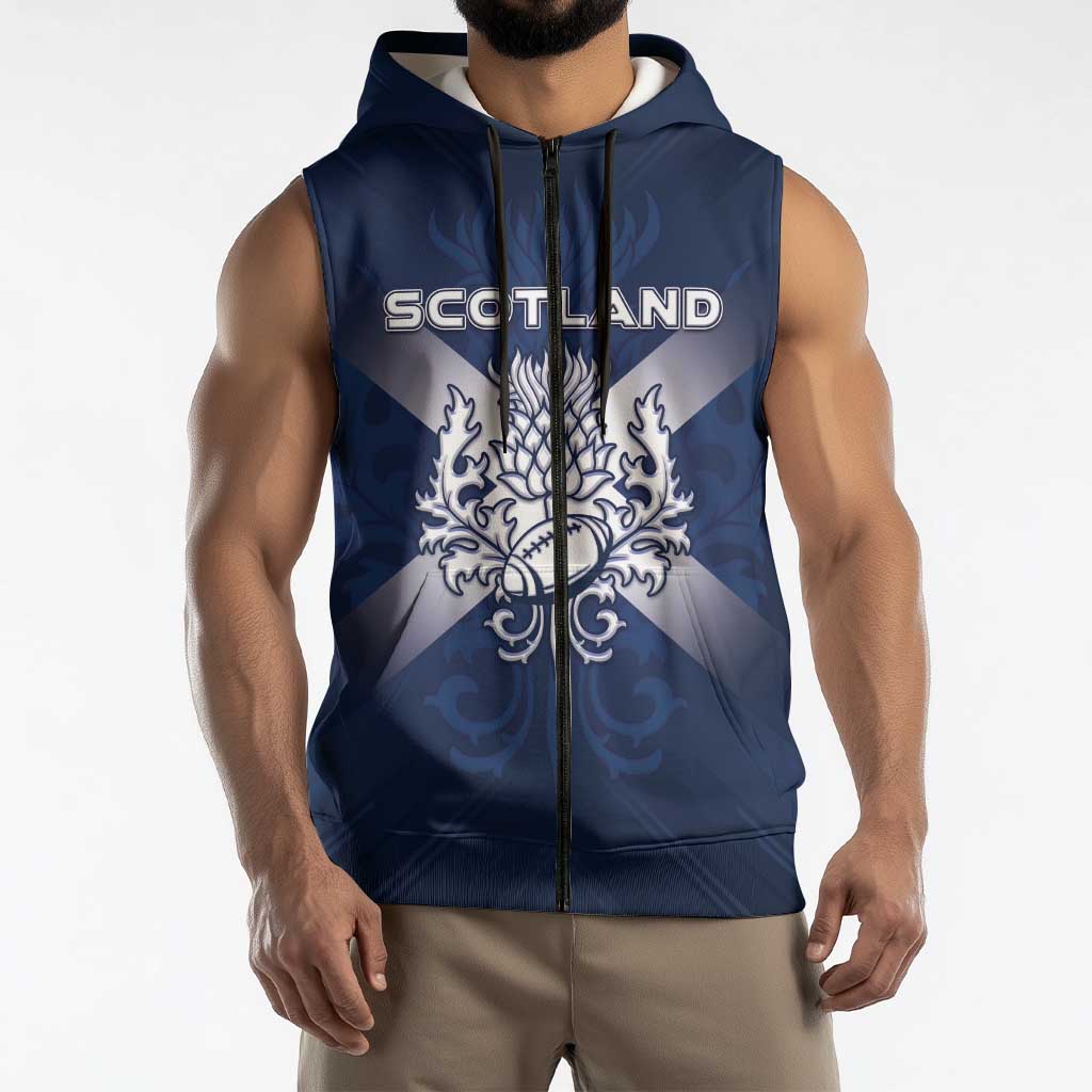 Custom Scotland Rugby 2026 Sleeveless Zip Hoodie Scottish Thistle Flag Style