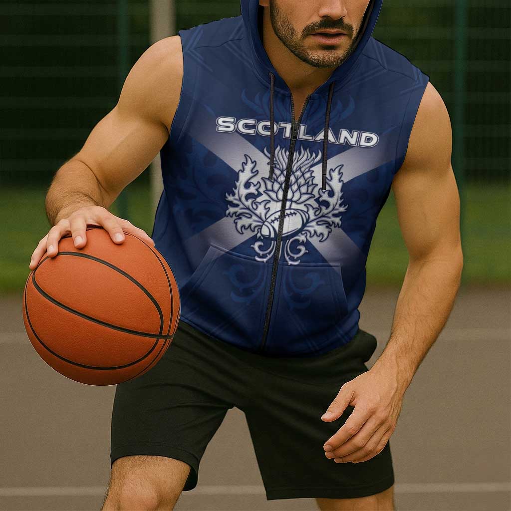 Custom Scotland Rugby 2026 Sleeveless Zip Hoodie Scottish Thistle Flag Style