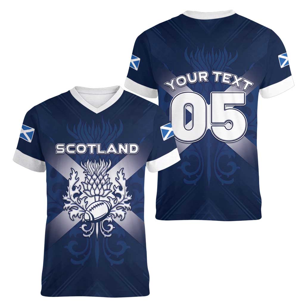 Custom Scotland Rugby 2026 Women V-Neck T-Shirt Scottish Thistle Flag Style