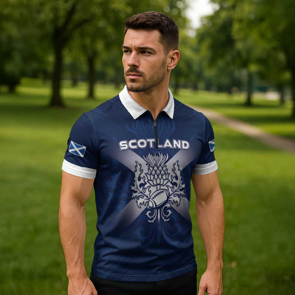 Custom Scotland Rugby 2026 Zipper Polo Shirt Scottish Thistle Flag Style