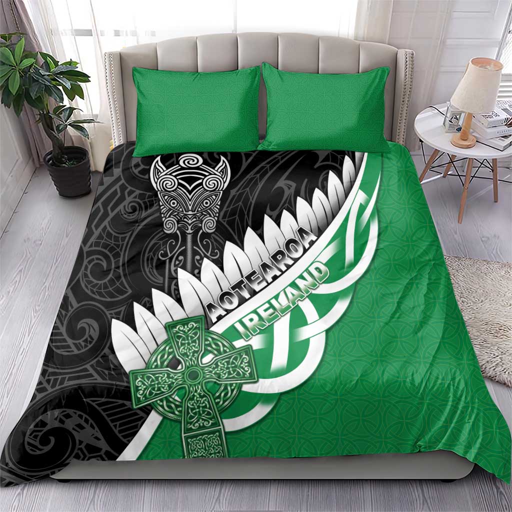 New Zealand And Ireland Rugby Bedding Set Silver Fern With Celtic Cross