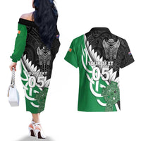 New Zealand And Ireland Rugby Custom Couples Matching Off The Shoulder Long Sleeve Dress and Hawaiian Shirt Silver Fern With Celtic Cross
