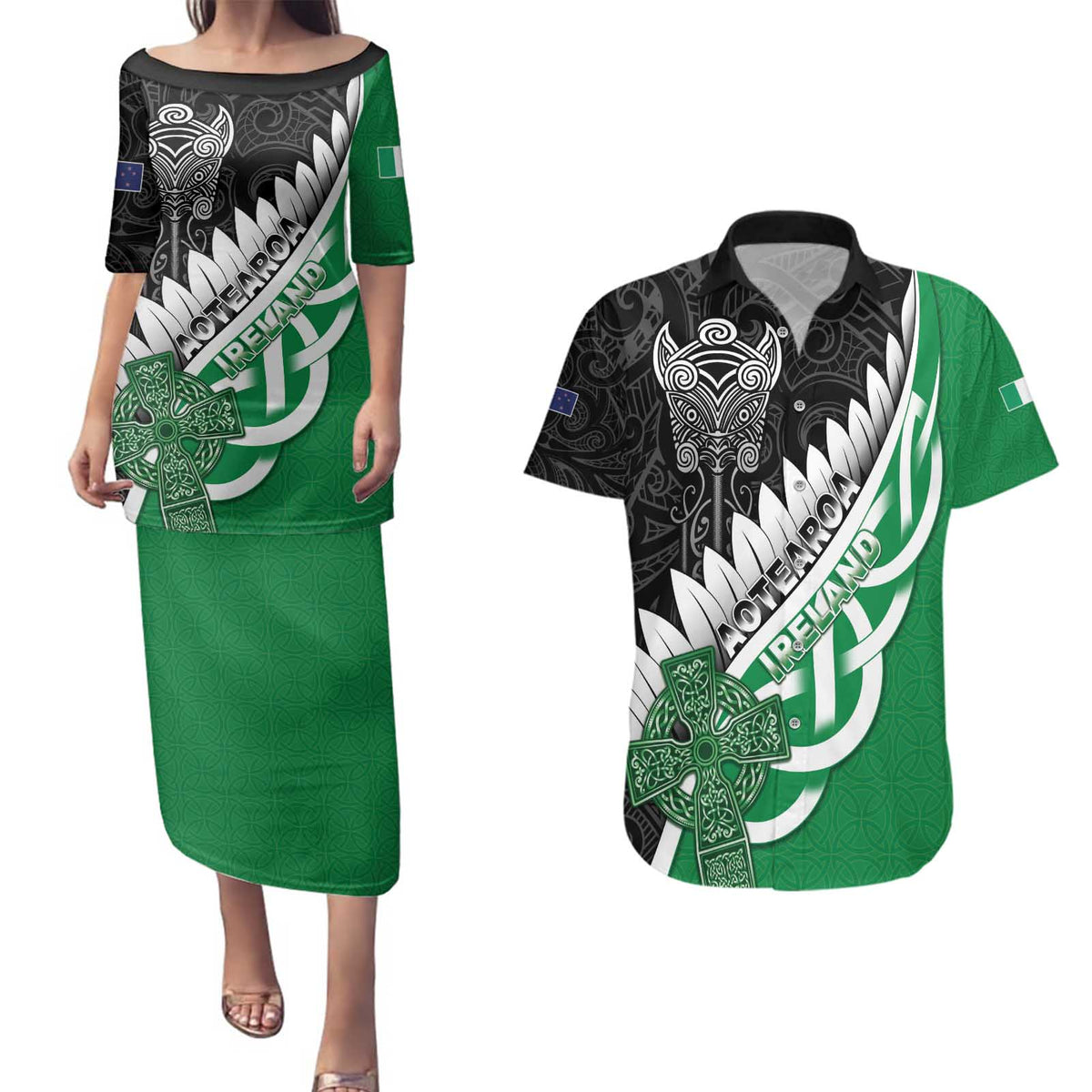 New Zealand And Ireland Rugby Custom Couples Matching Puletasi and Hawaiian Shirt Silver Fern With Celtic Cross