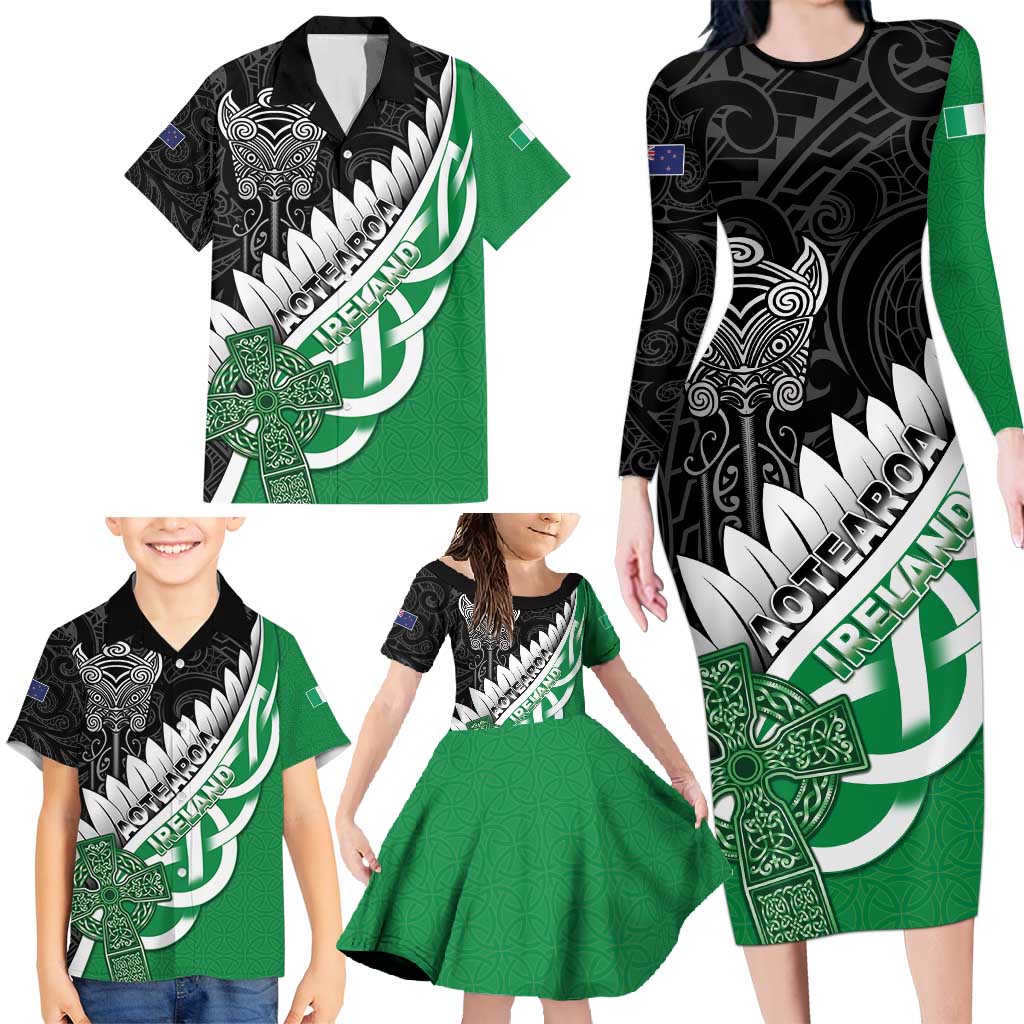 New Zealand And Ireland Rugby Custom Family Matching Long Sleeve Bodycon Dress and Hawaiian Shirt Silver Fern With Celtic Cross