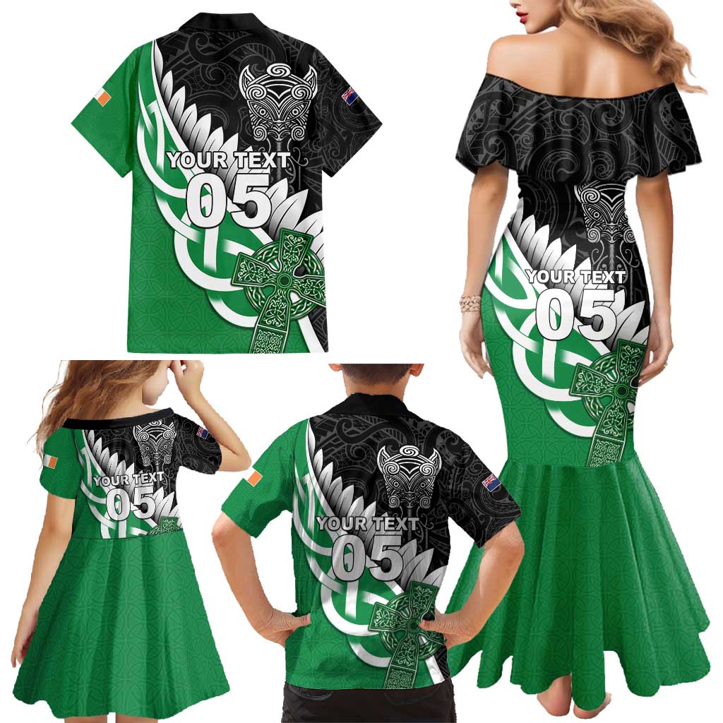 New Zealand And Ireland Rugby Custom Family Matching Mermaid Dress and Hawaiian Shirt Silver Fern With Celtic Cross