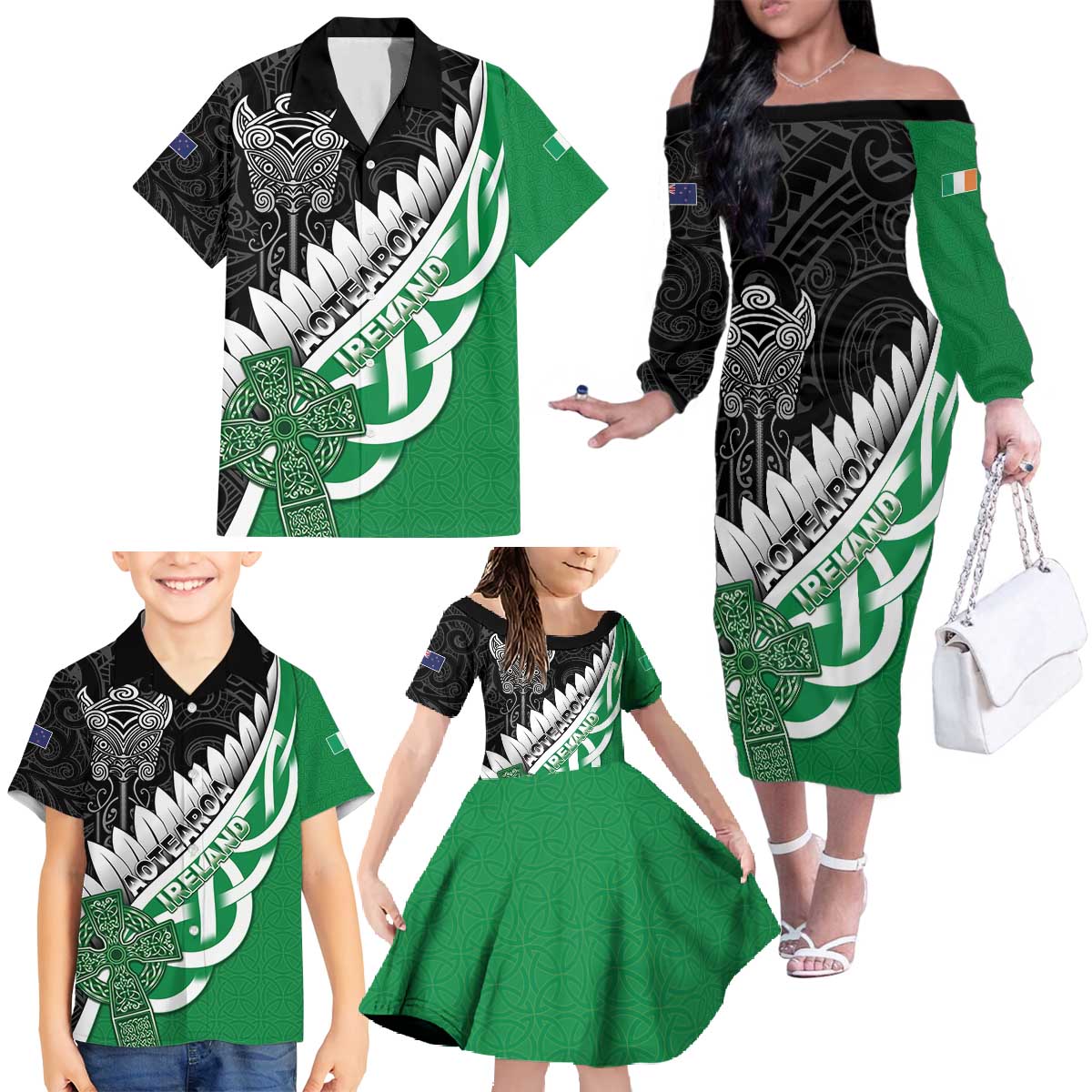 New Zealand And Ireland Rugby Custom Family Matching Off The Shoulder Long Sleeve Dress and Hawaiian Shirt Silver Fern With Celtic Cross