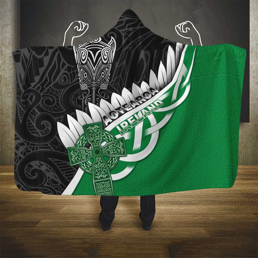 New Zealand And Ireland Rugby Hooded Blanket Silver Fern With Celtic Cross