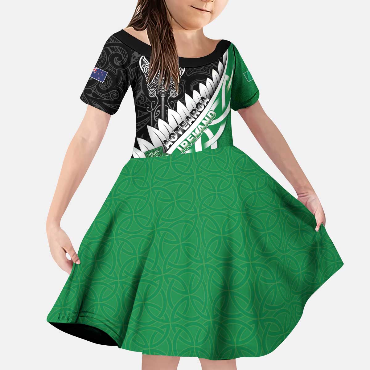New Zealand And Ireland Rugby Custom Kid Short Sleeve Dress Silver Fern With Celtic Cross