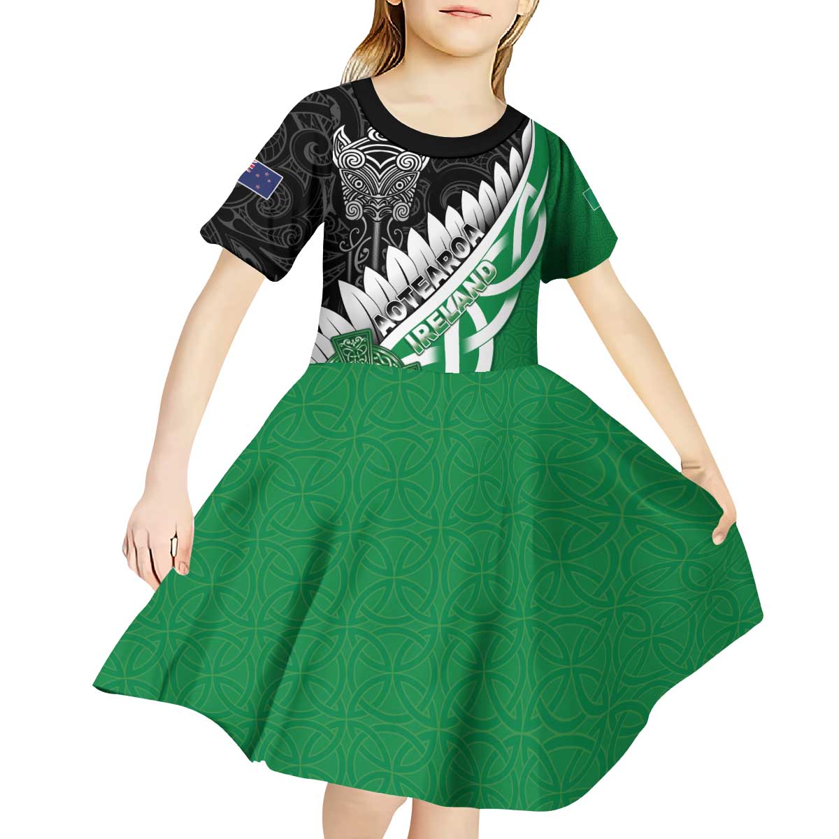 New Zealand And Ireland Rugby Custom Kid Short Sleeve Dress Silver Fern With Celtic Cross