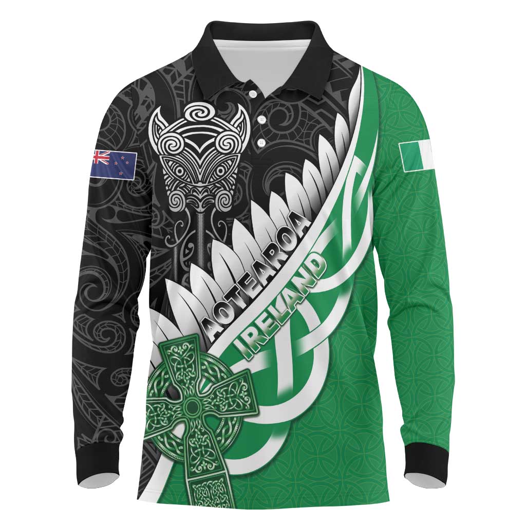 New Zealand And Ireland Rugby Custom Long Sleeve Polo Shirt Silver Fern With Celtic Cross