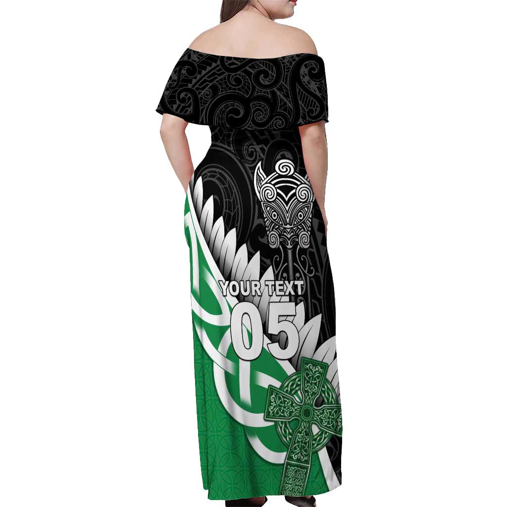 New Zealand And Ireland Rugby Custom Off Shoulder Maxi Dress Silver Fern With Celtic Cross