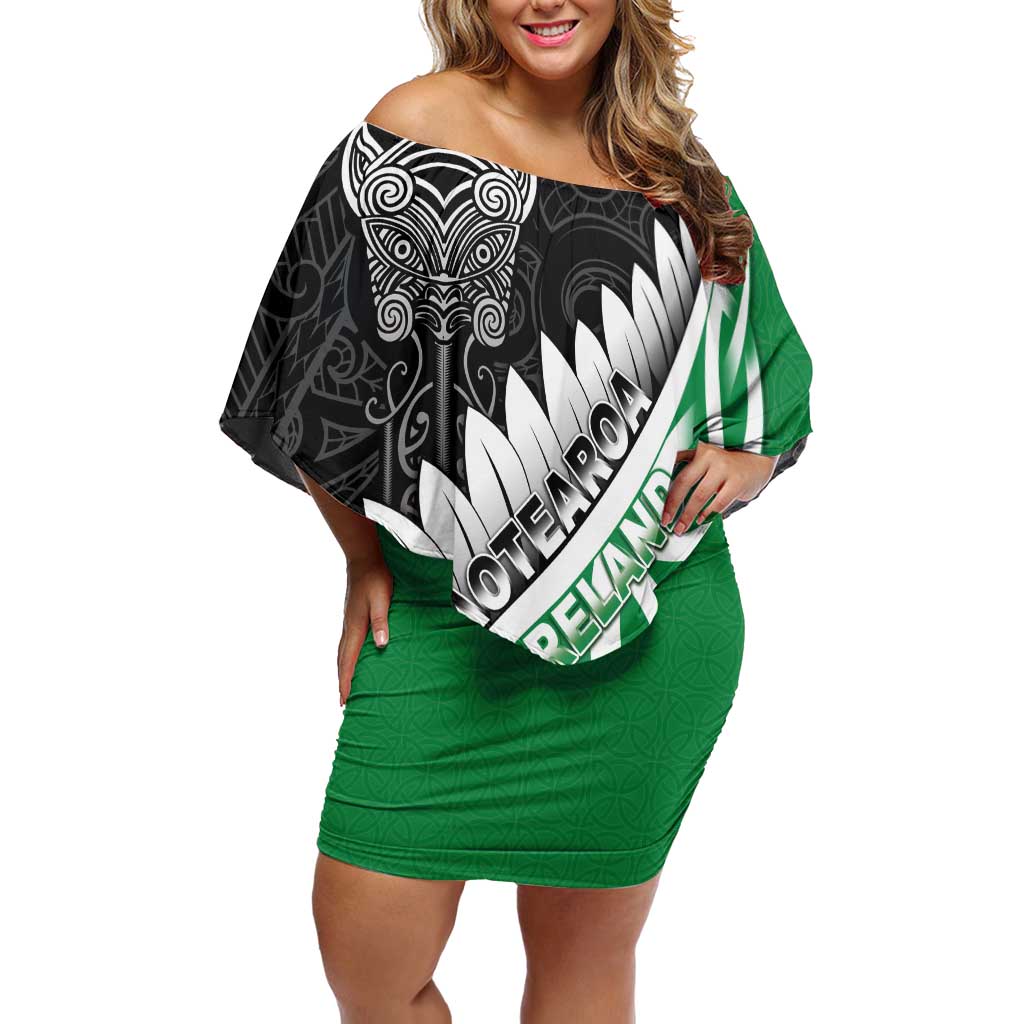 New Zealand And Ireland Rugby Custom Off Shoulder Short Dress Silver Fern With Celtic Cross