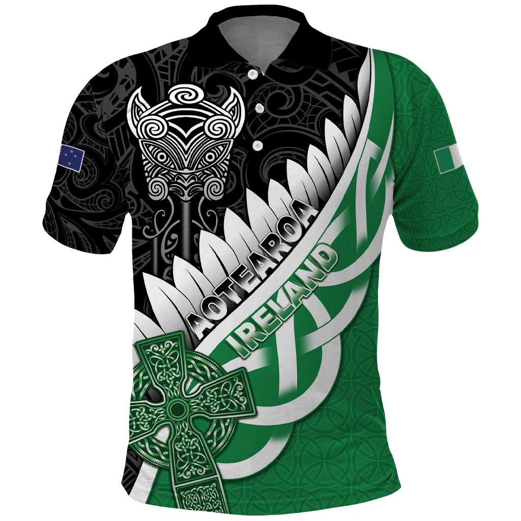 New Zealand And Ireland Rugby Custom Polo Shirt Silver Fern With Celtic Cross