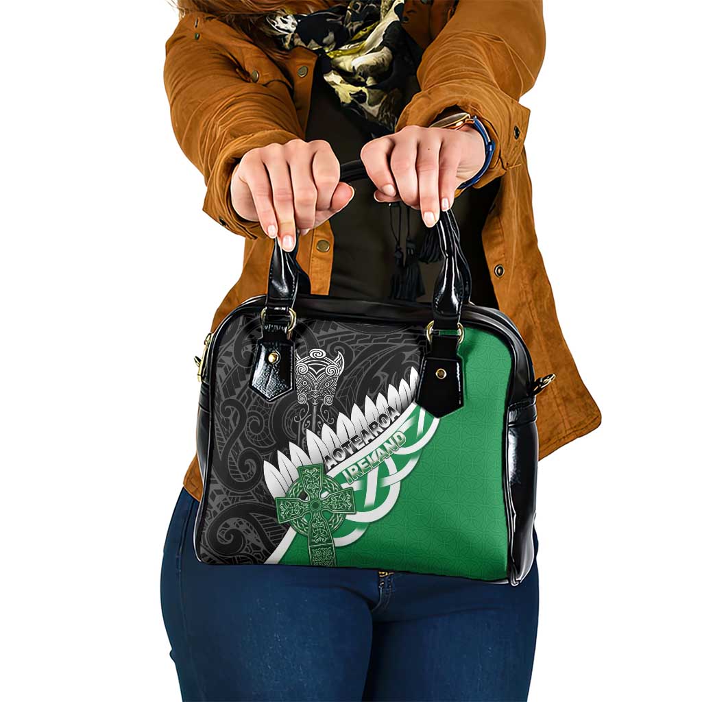 New Zealand And Ireland Rugby Shoulder Handbag Silver Fern With Celtic Cross