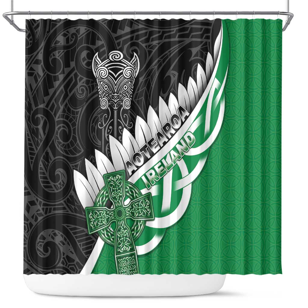 New Zealand And Ireland Rugby Shower Curtain Silver Fern With Celtic Cross