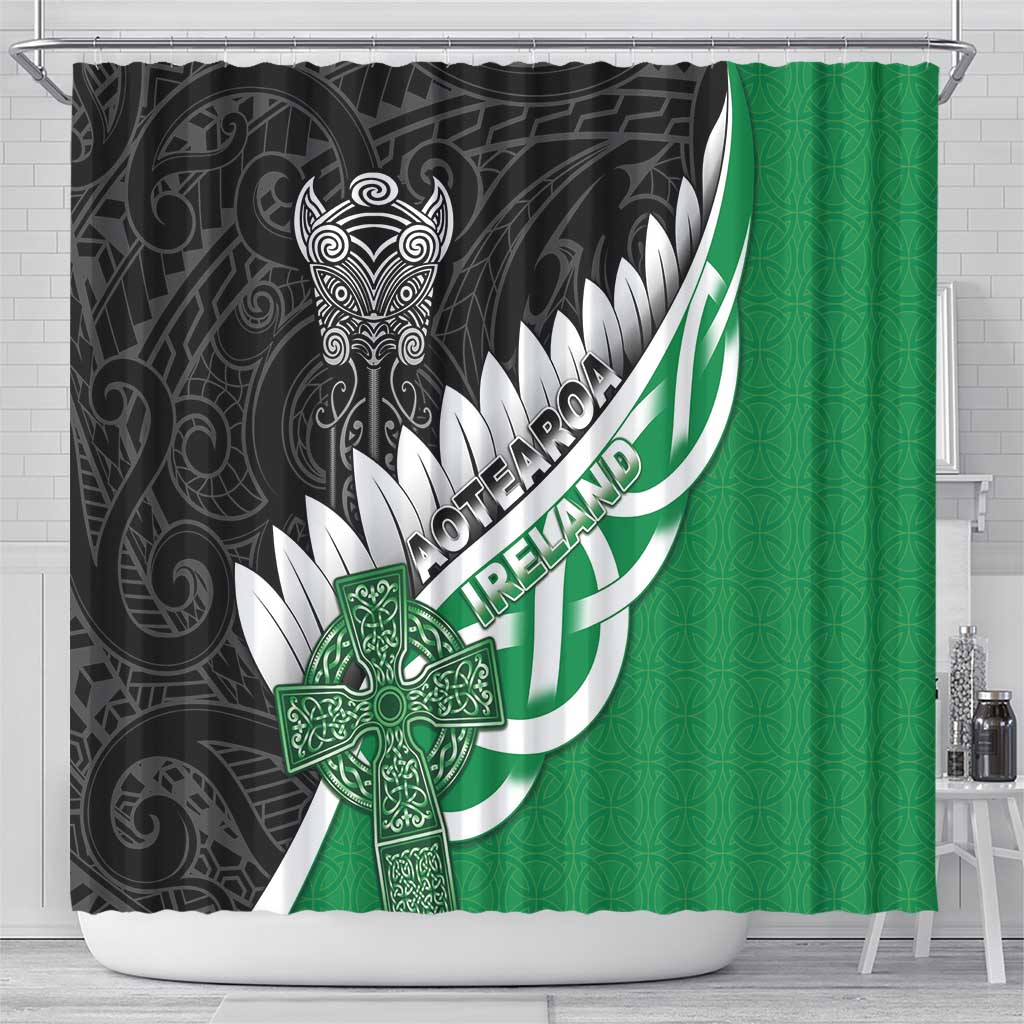 New Zealand And Ireland Rugby Shower Curtain Silver Fern With Celtic Cross