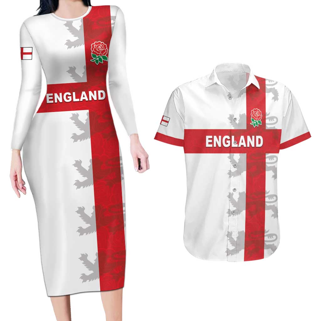 Custom England Rugby Couples Matching Long Sleeve Bodycon Dress and Hawaiian Shirt Vintage Style