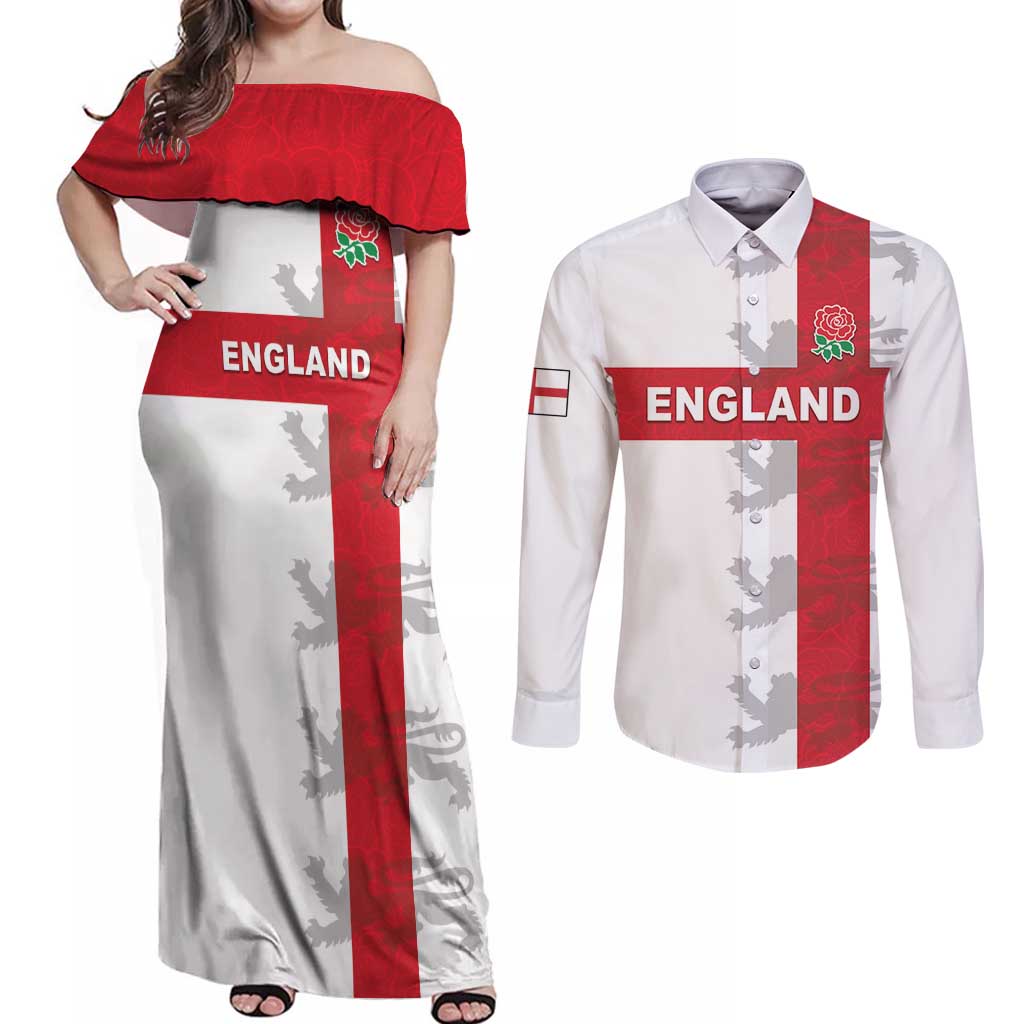Custom England Rugby Couples Matching Off Shoulder Maxi Dress and Long Sleeve Button Shirt Vintage Style