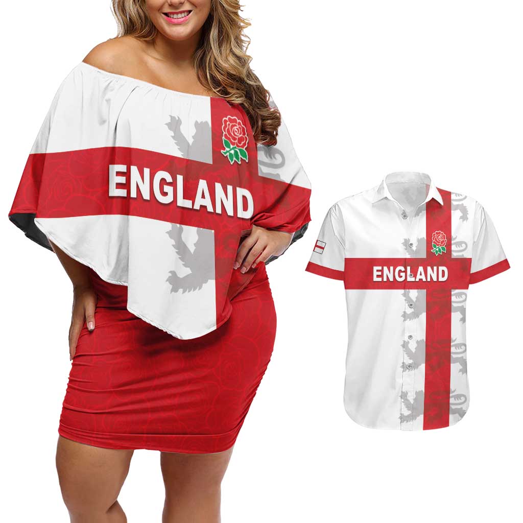 Custom England Rugby Couples Matching Off Shoulder Short Dress and Hawaiian Shirt Vintage Style