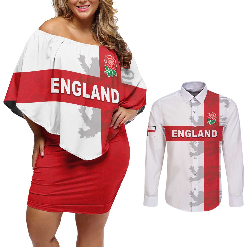 Custom England Rugby Couples Matching Off Shoulder Short Dress and Long Sleeve Button Shirt Vintage Style