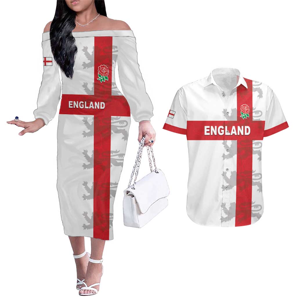 Custom England Rugby Couples Matching Off The Shoulder Long Sleeve Dress and Hawaiian Shirt Vintage Style
