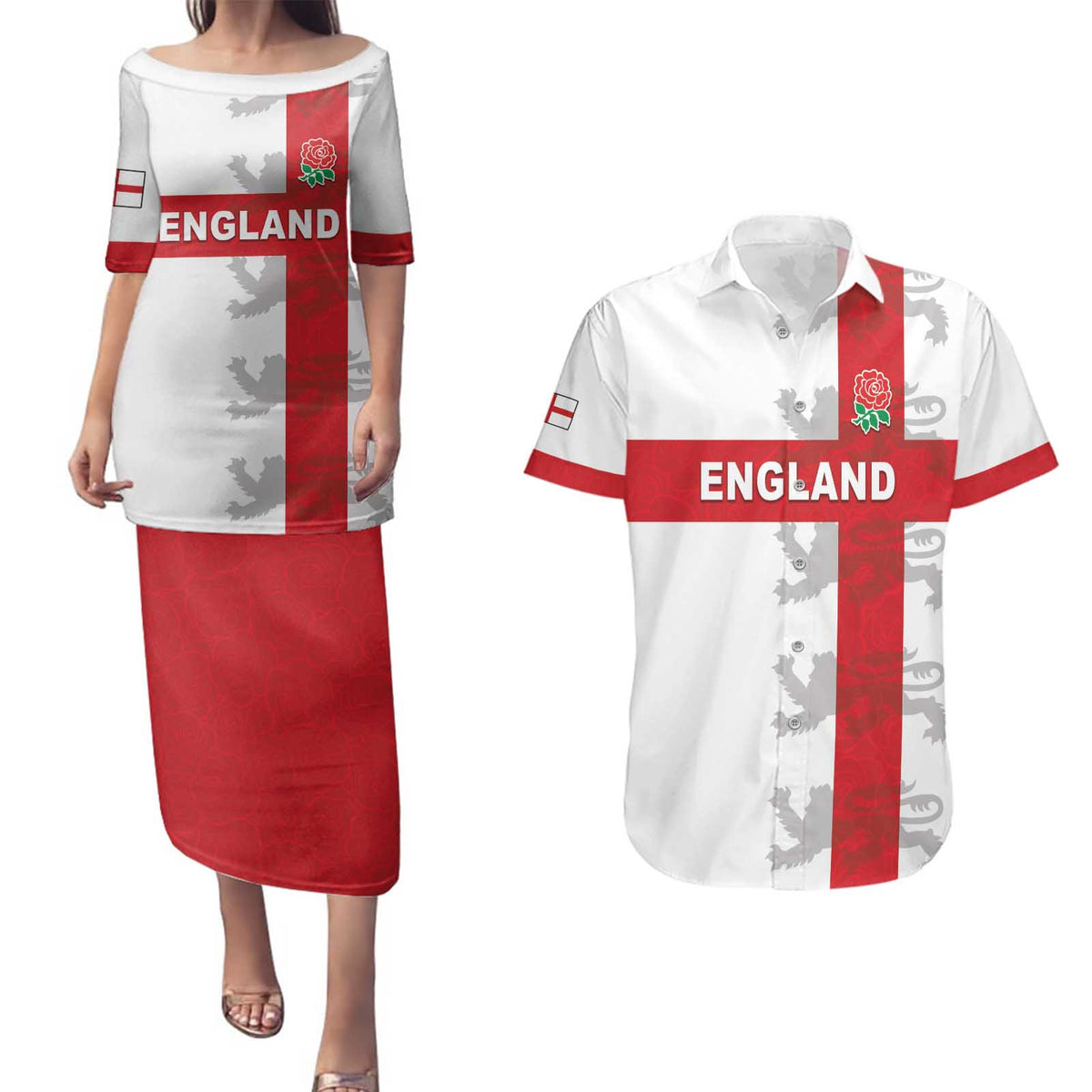 Custom England Rugby Couples Matching Puletasi and Hawaiian Shirt Vintage Style